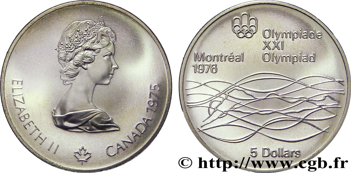 CANADA 5 Dollars JO Montréal 1976 natation / Elisabeth II 1975  FDC 