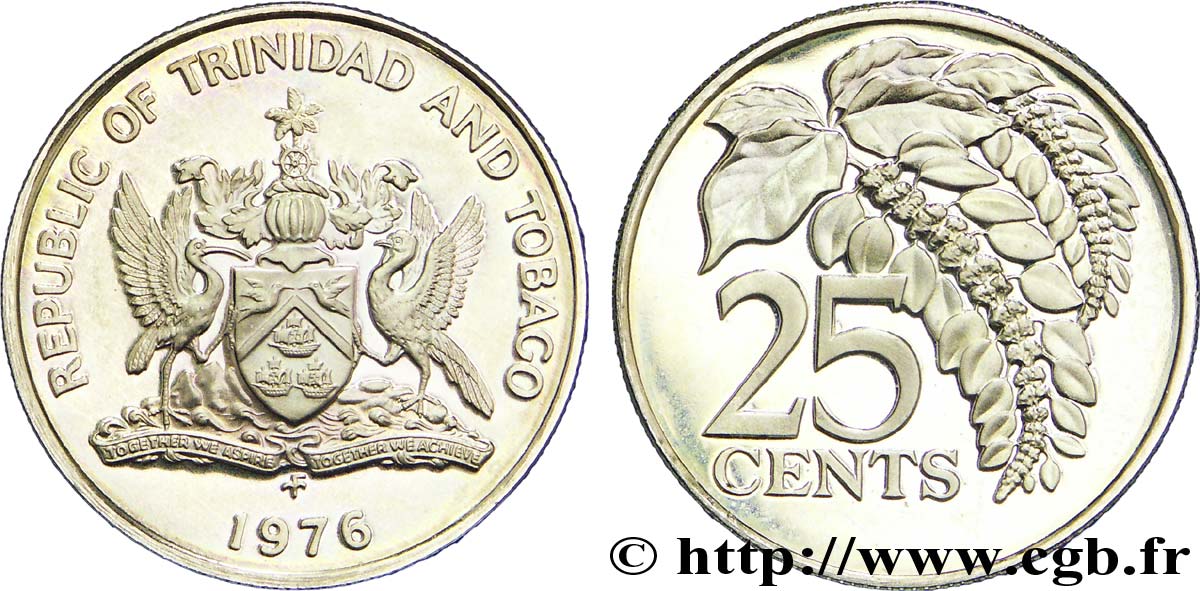 TRINIDAD et TOBAGO 25 Cents BE (proof) emblème / chaconia, fleur emblème de Trinidad 1976  SPL 