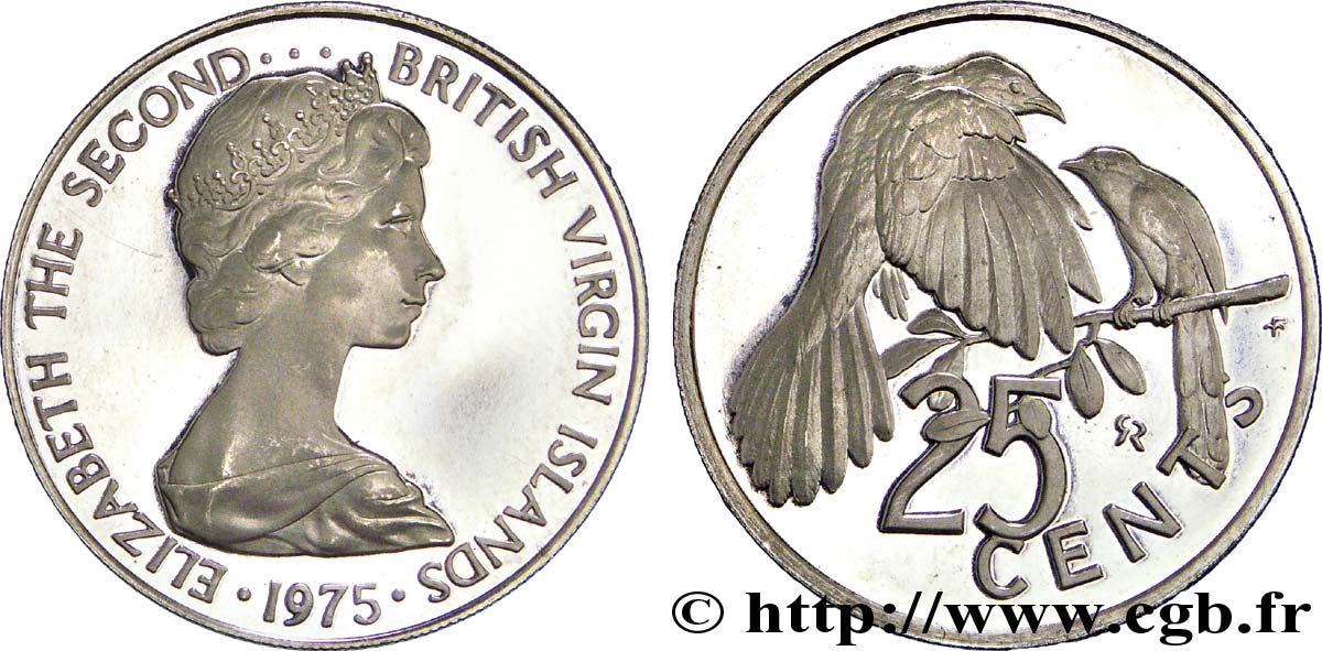 ÎLES VIERGES BRITANNIQUES 25 Cents BE (Proof) Elisabeth II /  / Coulicou manioc  (oiseau) 1975  SPL 