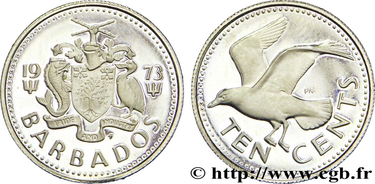 BARBADE 10 Cents BE (Proof) emblème / mouette rieuse 1973  SPL 