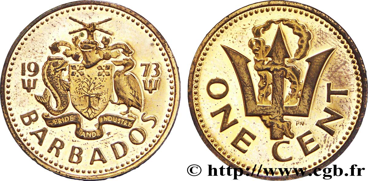 BARBADE 1 Cent BE (Proof) emblème / trident 1973  SPL 