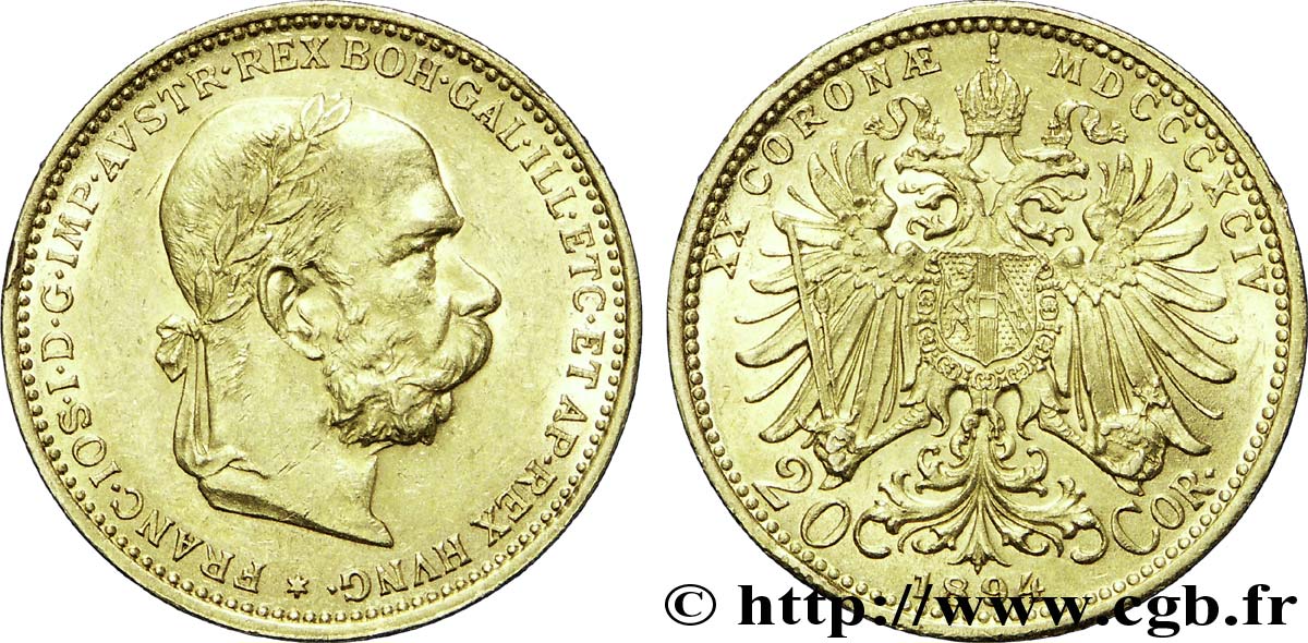 AUTRICHE 20 Corona or François Joseph Ier / Aigle bicéphale héraldique couronné 1894 Vienne SUP 