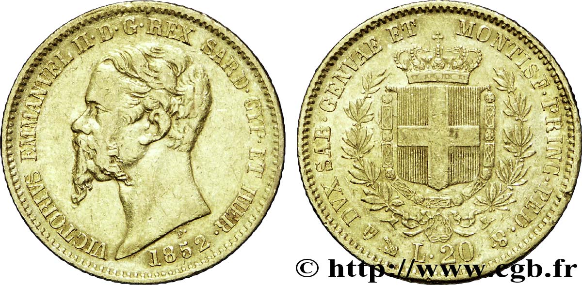 ITALIE - ROYAUME DE SARDAIGNE 20 Lire Victor-Emmanuel II roi de Sardaigne / armes de Savoie couronnées 1852 Gênes TB+ 