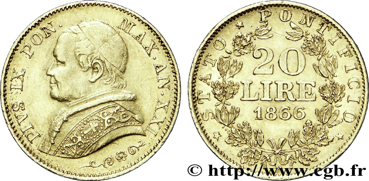 VATICAN ET ÉTATS PONTIFICAUX 20 Lire Pie IX anno XXI 1866 Rome TTB+ 