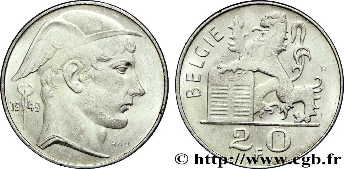 BELGIQUE 20 Francs Mercure, légende flamande 1949  SUP 