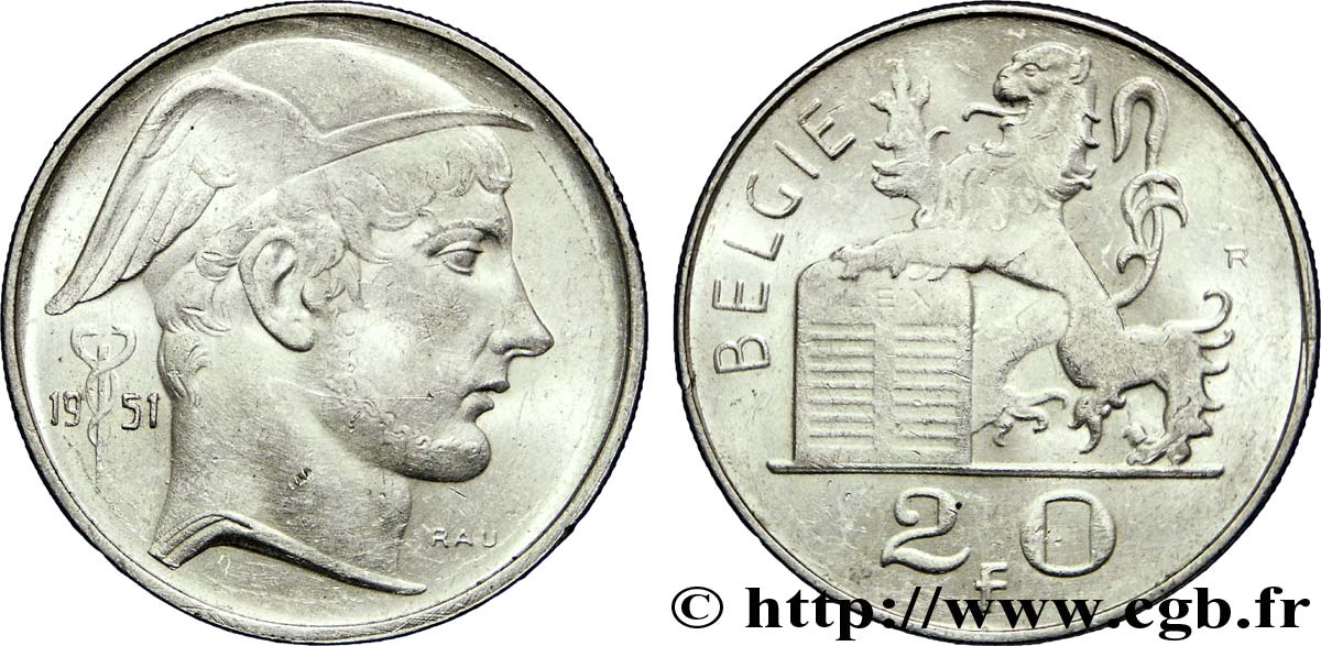 BELGIQUE 20 Francs Mercure, légende flamande 1951  TTB+ 