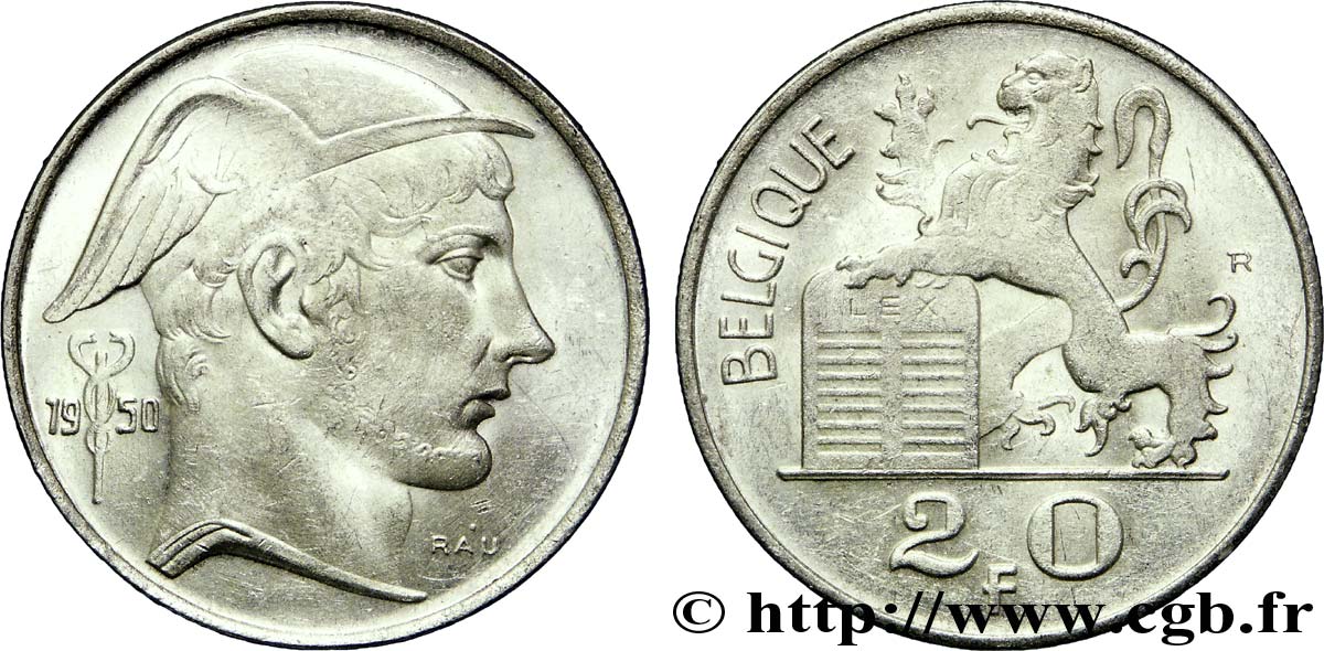 BELGIQUE 20 Francs Mercure, légende française 1950  TTB+ 