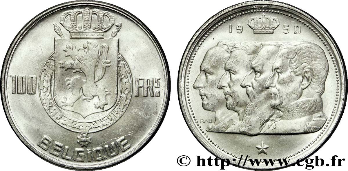 BELGIQUE 100 Francs armes au lion / portraits des quatre rois de Belgique, légende française 1950  SUP 