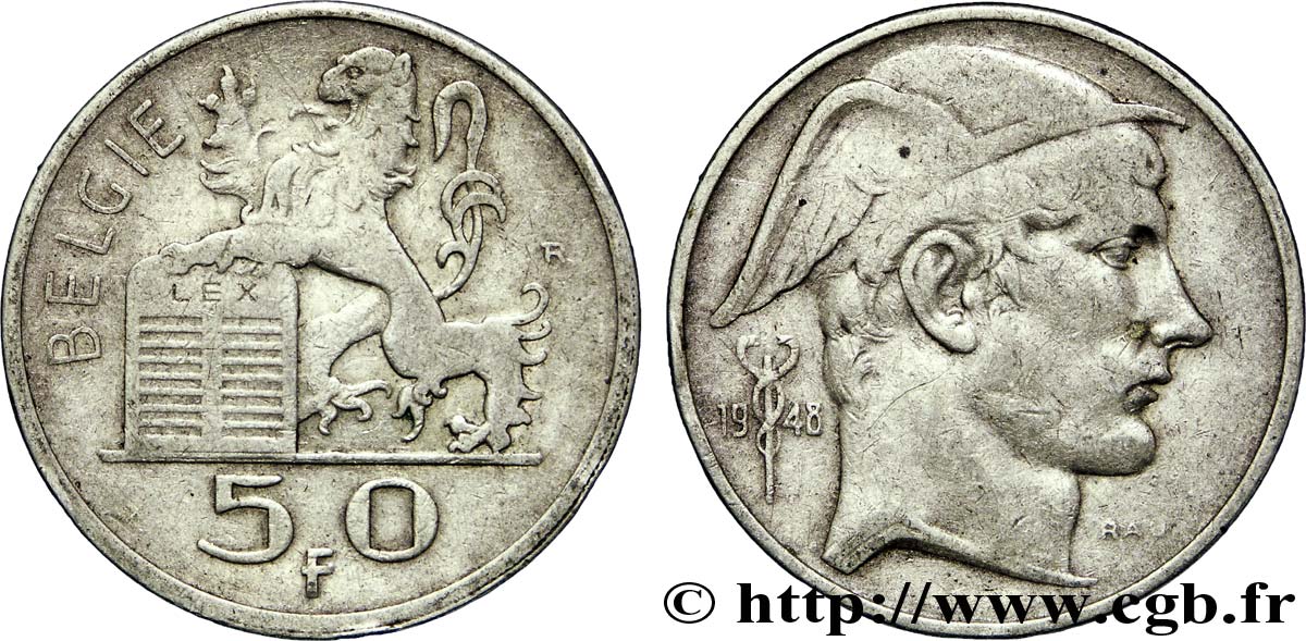 BELGIQUE 50 Francs lion posé sur les tables de la loi / Mercure légende flamande 1948  TTB 
