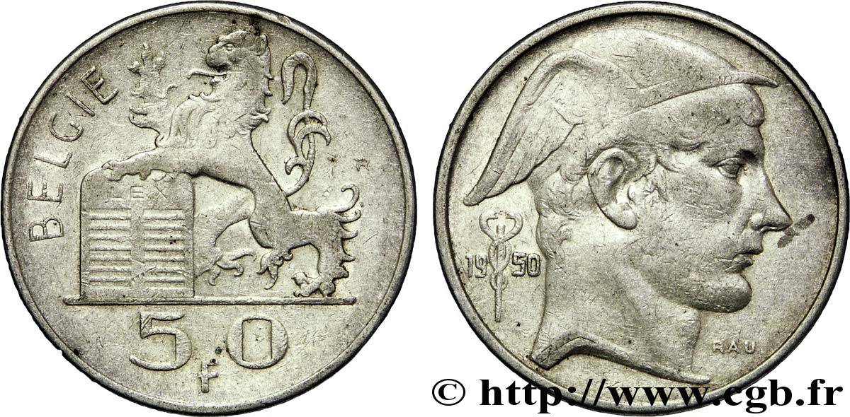 BELGIQUE 50 Francs lion posé sur les tables de la loi / Mercure légende flamande 1950  TTB 
