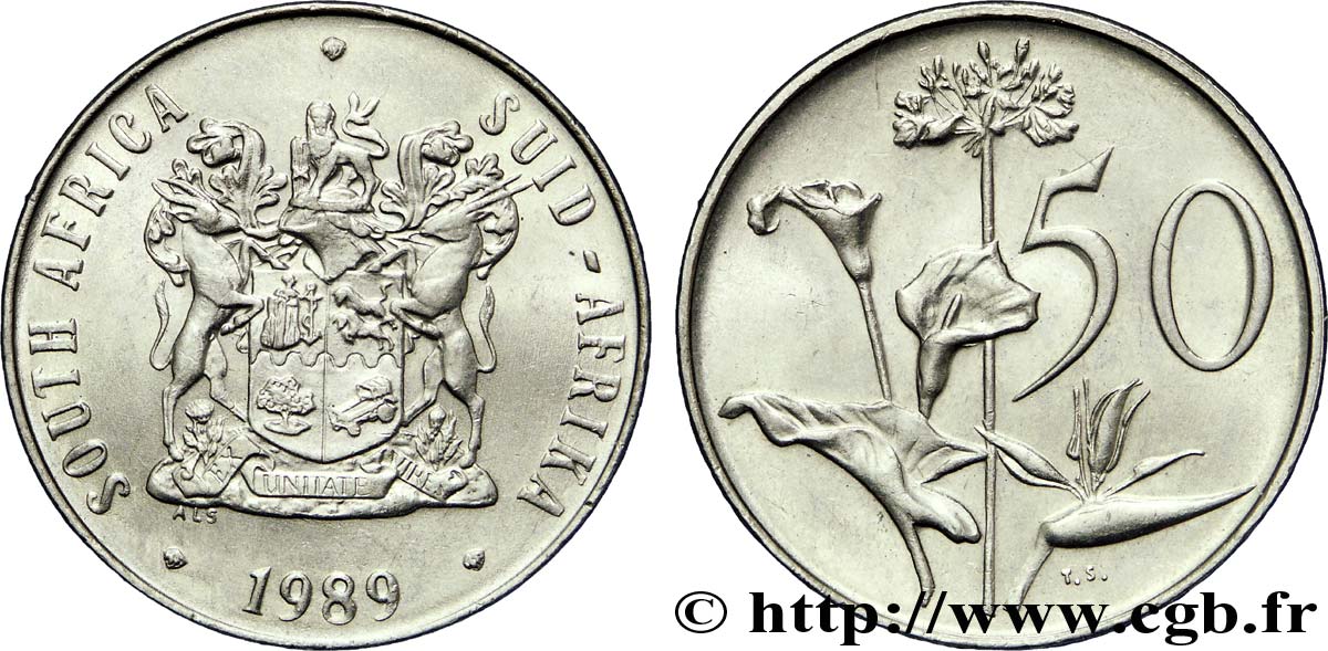 AFRIQUE DU SUD 50 Cents emblème / plante 1989  SPL 