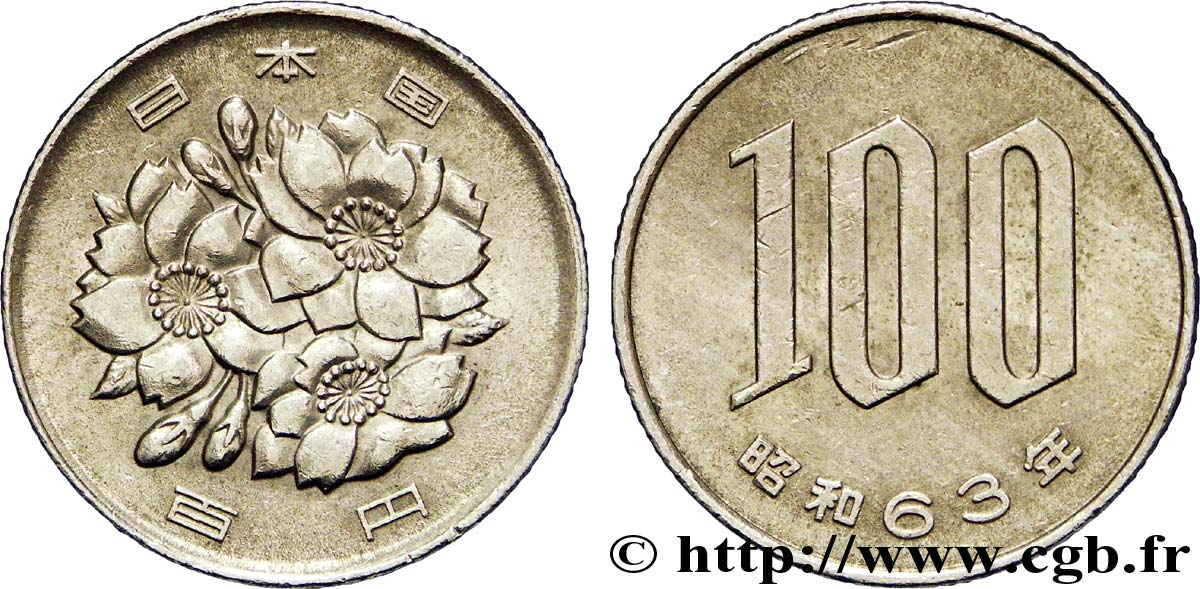 JAPON 100 Yen fleurs de cerisiers an 63 ère Showa (empereur Hirohito) 1988  TTB 