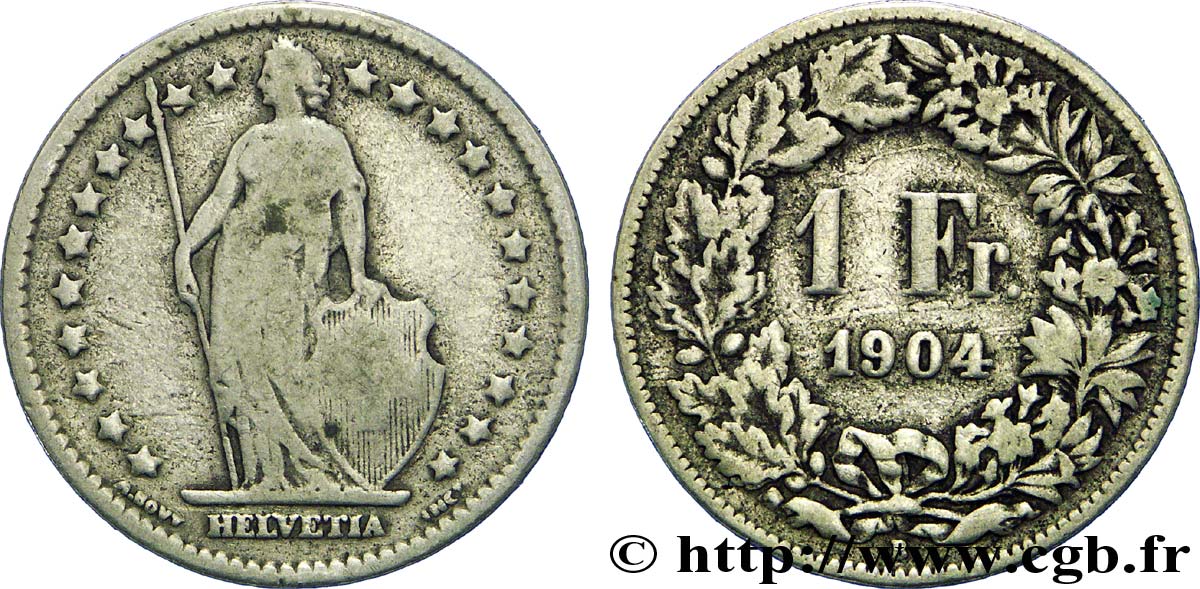 SWITZERLAND 1 Franc Helvetia 1904 Berne VF 