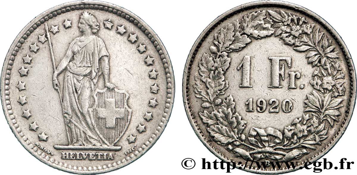 SWITZERLAND 1 Franc Helvetia 1920 Berne XF 