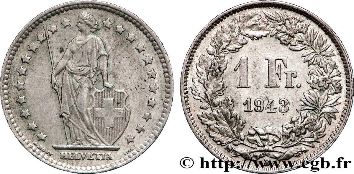 SWITZERLAND 1 Franc Helvetia 1943 Berne AU 