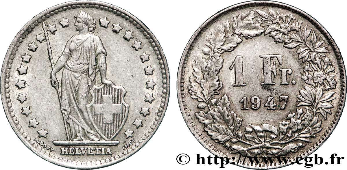 SWITZERLAND 1 Franc Helvetia 1947 Berne - B AU 