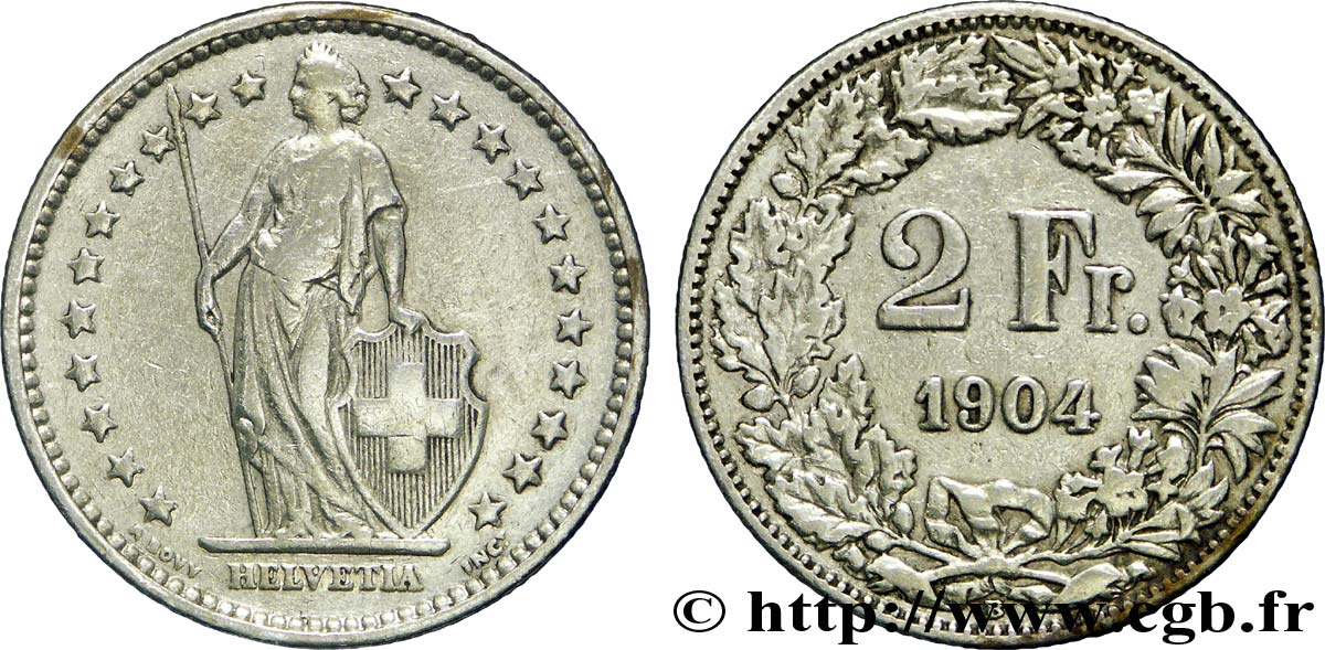 SUISSE 2 Francs Helvetia 1904 Berne - B TB 