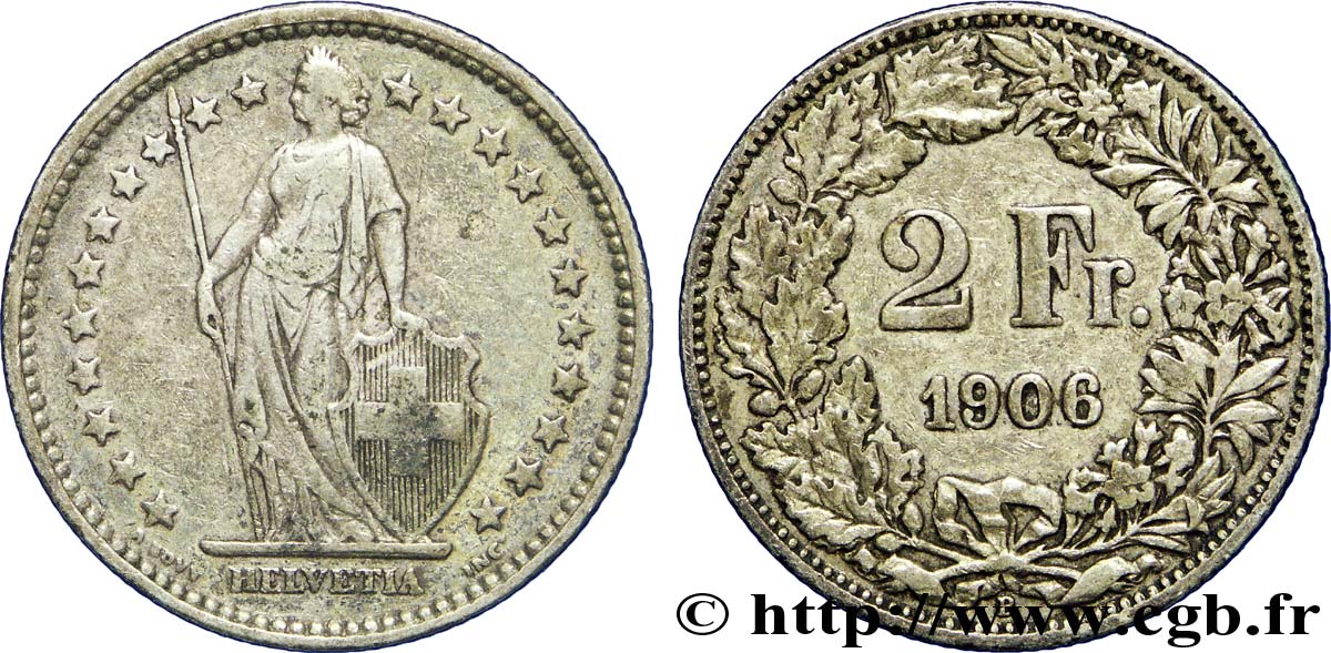 SUISSE 2 Francs Helvetia 1906 Berne - B TB+ 