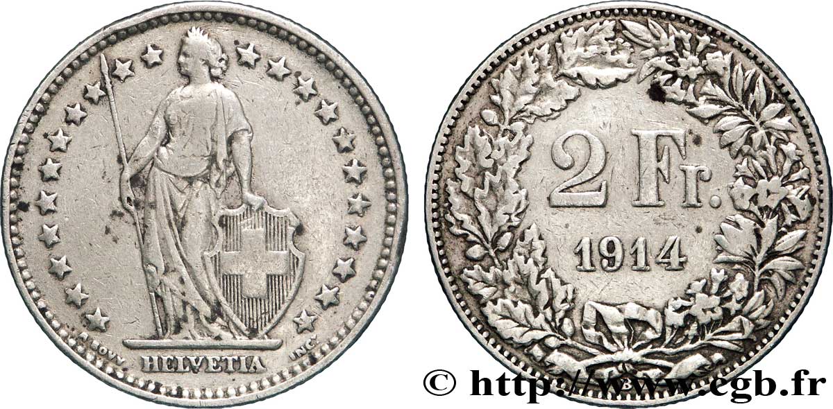 SUISSE 2 Francs Helvetia 1914 Berne - B TB 