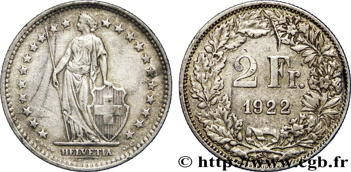 SUISSE 2 Francs Helvetia 1922 Berne - B TTB 