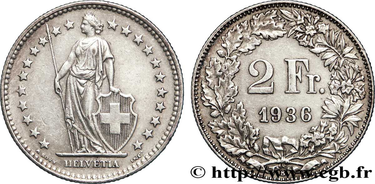 SUISSE 2 Francs Helvetia 1936 Berne - B SUP 