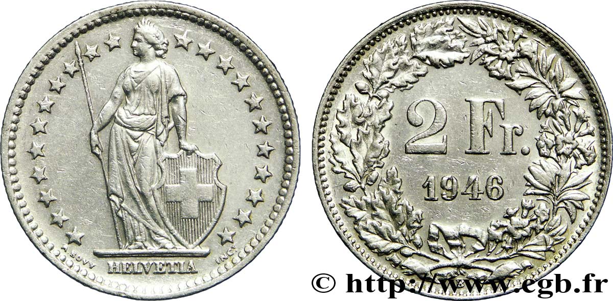 SUISSE 2 Francs Helvetia 1946 Berne - B TTB 