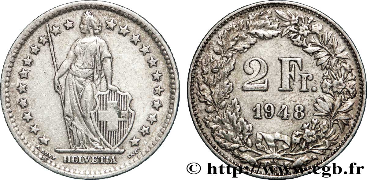 SUISSE 2 Francs Helvetia 1948 Berne TTB+ 