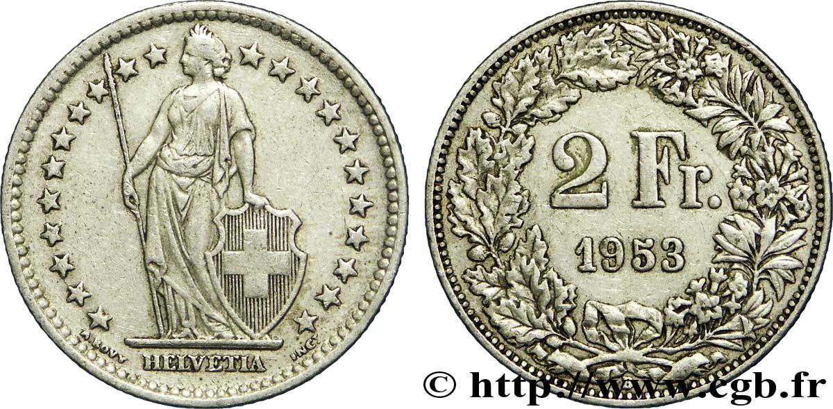 SUISSE 2 Francs Helvetia 1953 Berne - B TTB 
