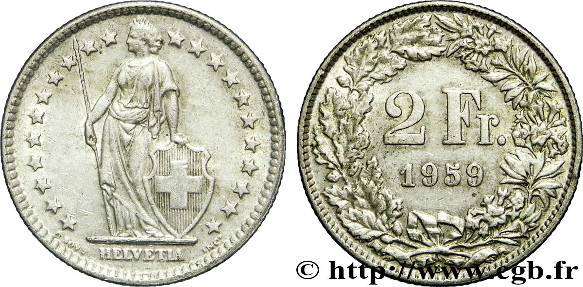 SWITZERLAND 2 Francs Helvetia 1959 Berne XF 