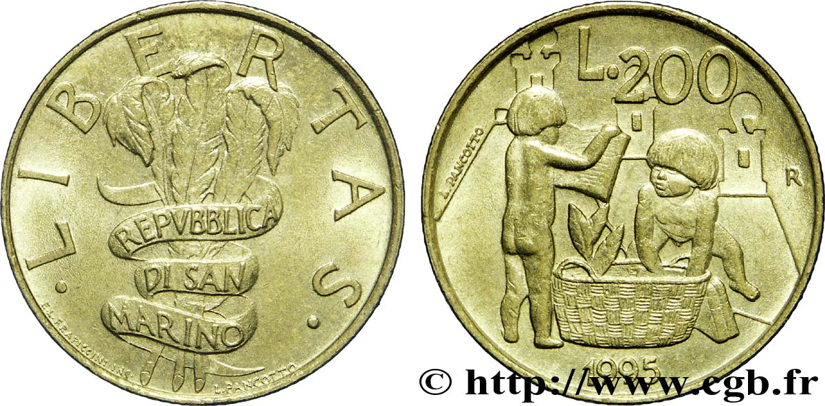 SAINT-MARIN 200 Lire emblème / deux enfants jouant 1995 Rome - R SUP 
