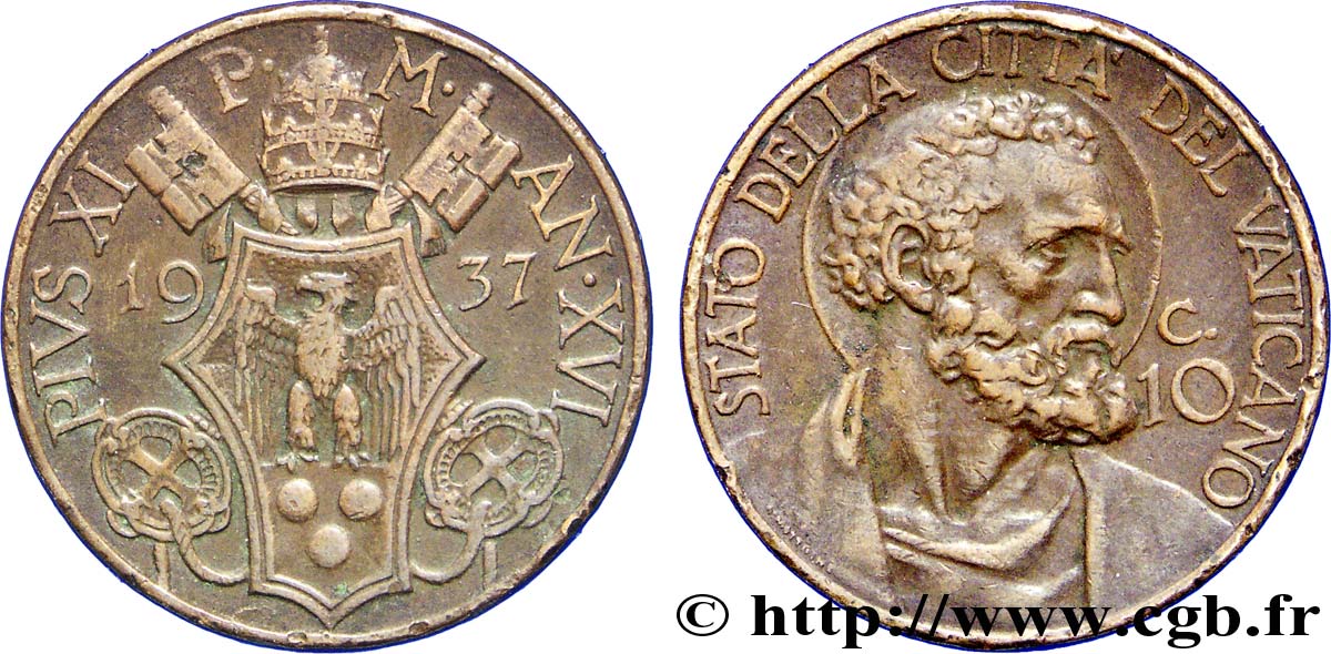 VATICAN ET ÉTATS PONTIFICAUX 10 Centesimi frappe au nom de Pie XI an XIV / Saint Paul 1937 Rome TTB 