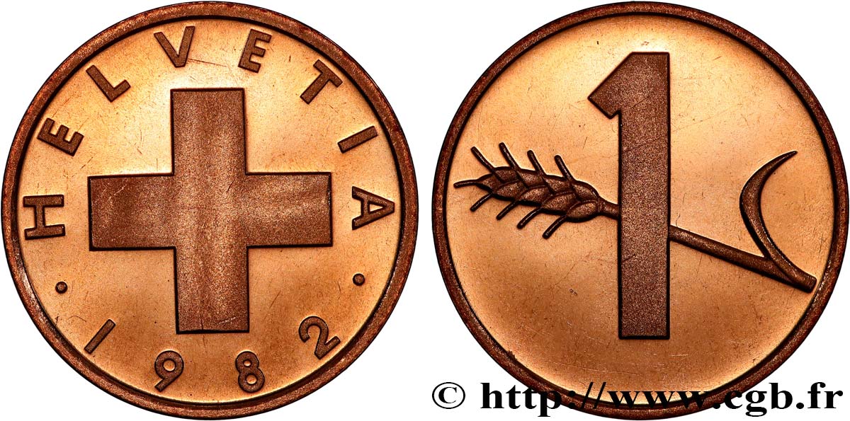 SWITZERLAND 1 Centime Croix Suisse / épi d’avoine 1982 Berne MS 