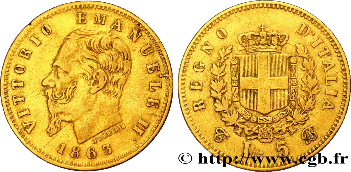 ITALIE 5 Lire Victor Emmanuel II roi d’Italie 1863 Turin - T TB+ 