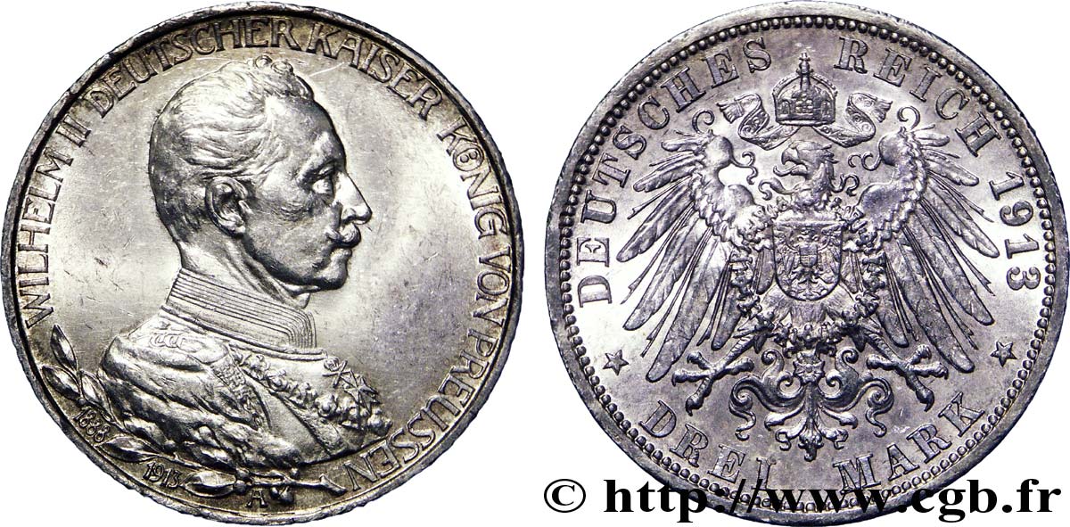 ALLEMAGNE - PRUSSE 3 Mark 25e anniversaire de règne de Guillaume II 1913 Berlin SUP 