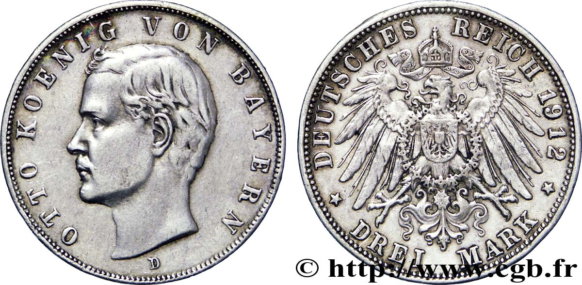 ALLEMAGNE - BAVIÈRE 3 Mark Othon roi de Bavière / aigle impérial héraldique 1912 Munich - D TTB 
