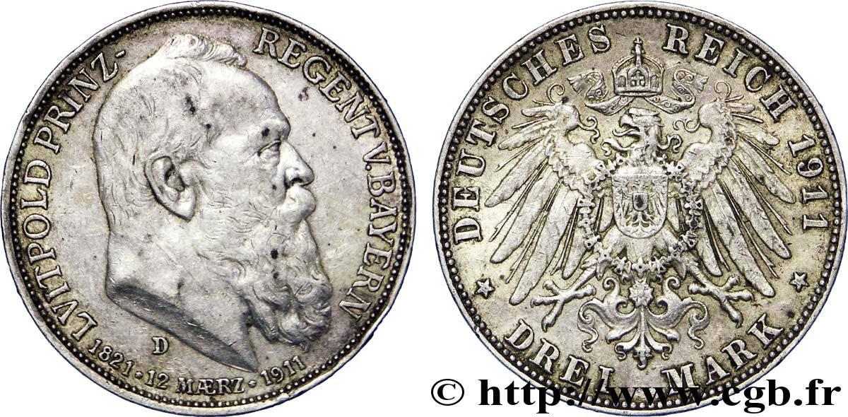 ALLEMAGNE - BAVIÈRE 3 Mark Léopold Prince-Régent de Bavière / aigle impérial héraldique 1911 Munich - D TTB+ 