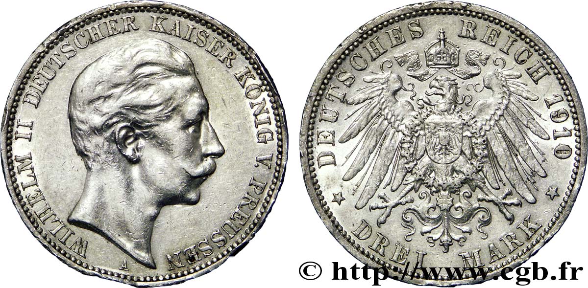 ALLEMAGNE - PRUSSE 3 Mark Guillaume II 1910 Berlin TTB 
