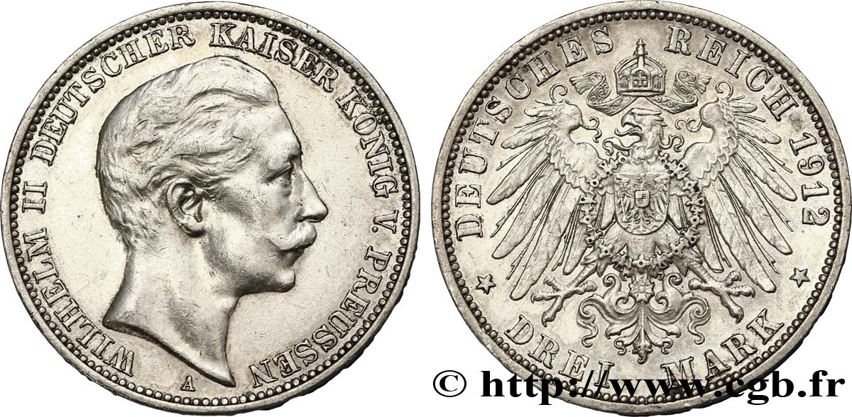 ALLEMAGNE - PRUSSE 3 Mark Guillaume II / aigle 1912 Berlin TTB+ 