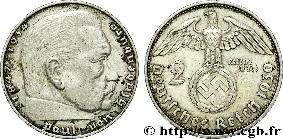 ALLEMAGNE 2 Reichsmark aigle surmontant une swastika / Maréchal Paul von Hindenburg 1939 Hambourg - J TTB+ 