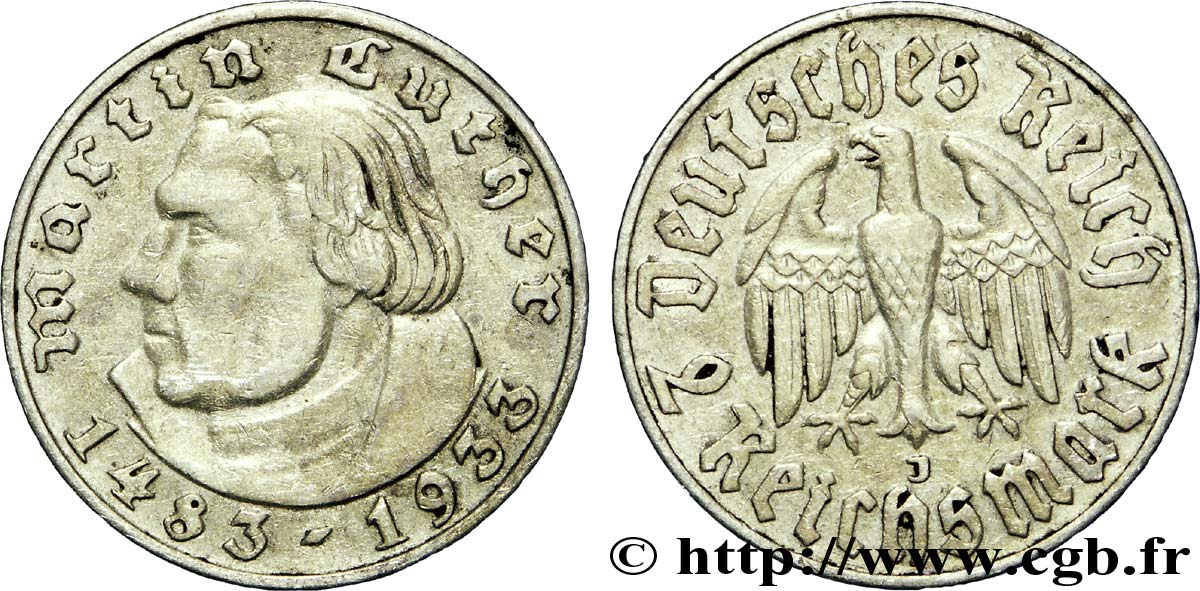 ALLEMAGNE 2 Reichsmark Martin Luther / aigle 1933 Hambourg - J TTB 
