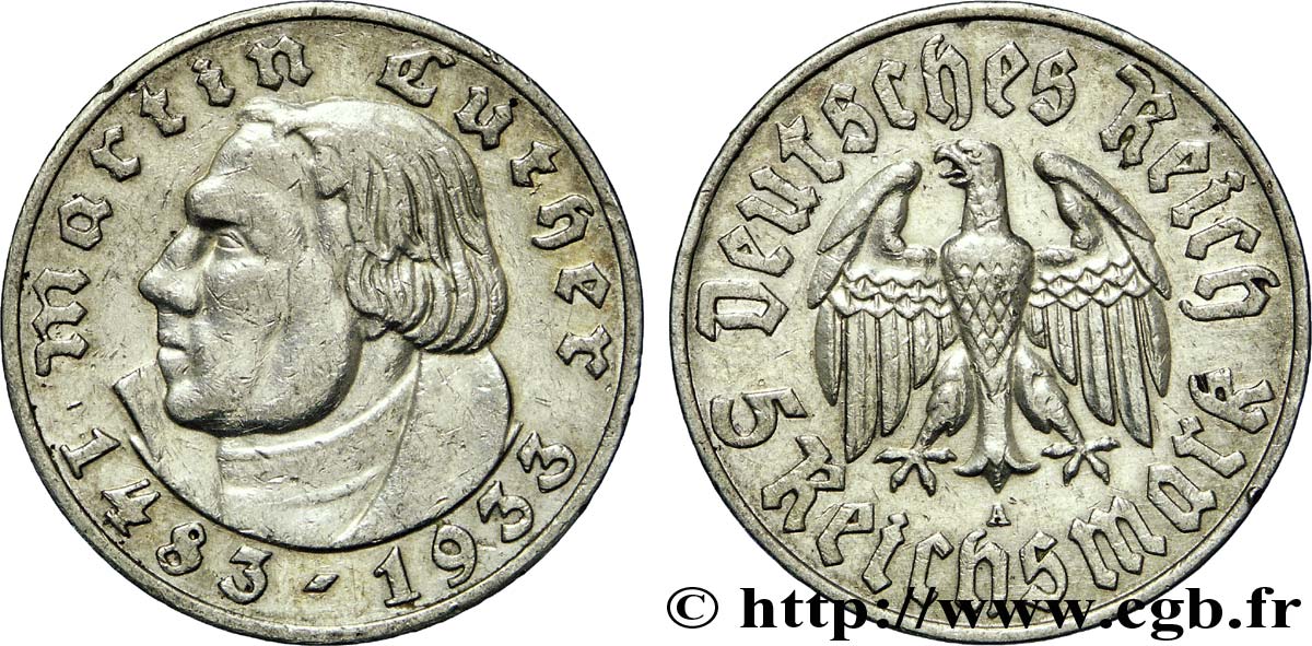 ALLEMAGNE 5 Reichsmark Martin Luther / aigle 1933 Berlin TTB 
