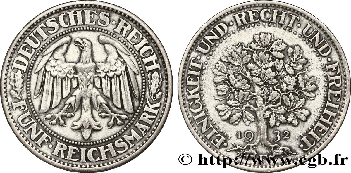 ALLEMAGNE 5 Reichsmark aigle / chêne 1932 Stuttgart - F TTB