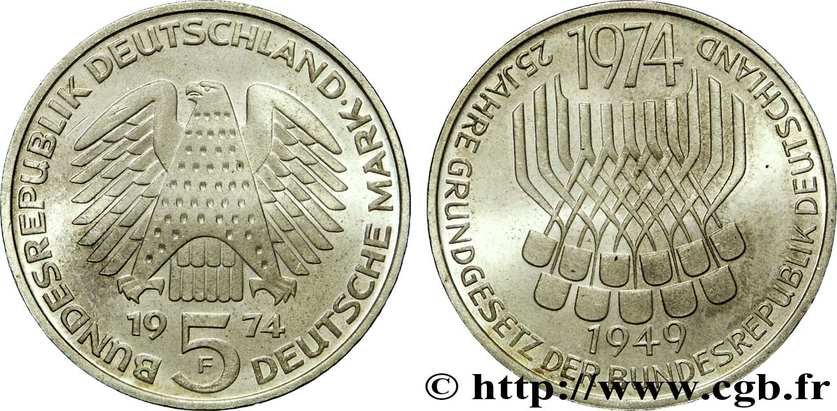 ALLEMAGNE 5 Mark aigle héraldique / 25e anniversaire de la République Fédérale 1974 Stuttgart - F SPL 
