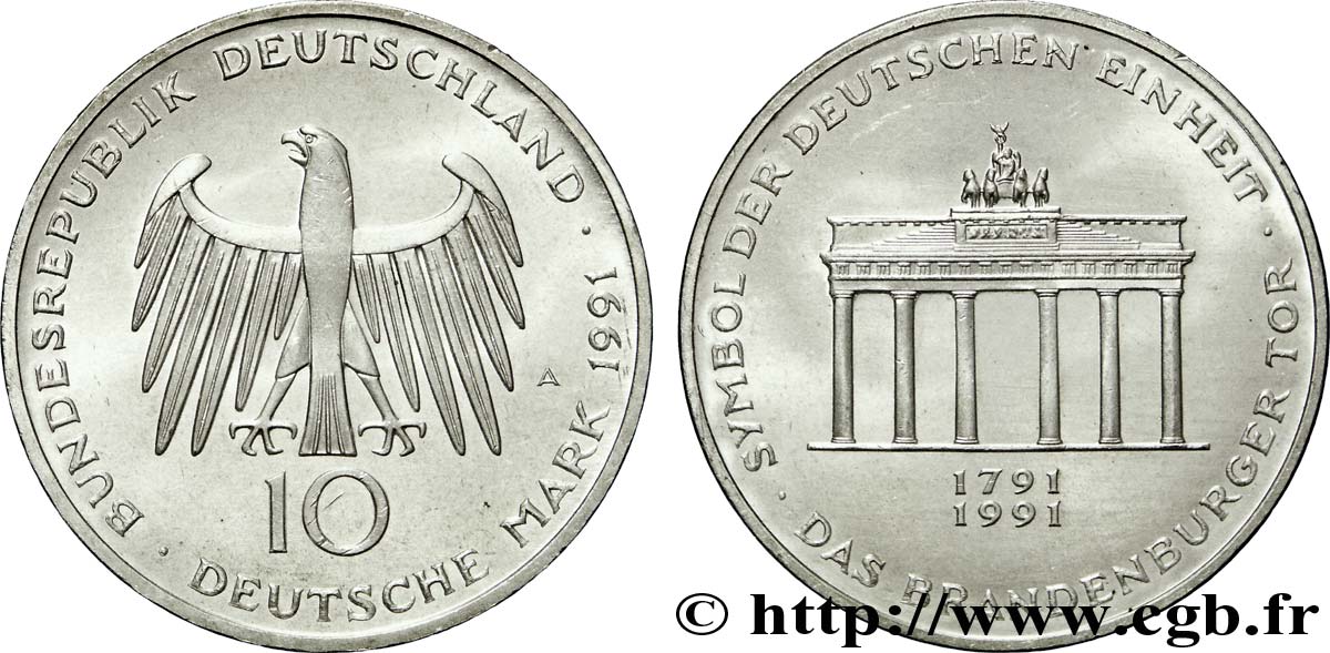 ALLEMAGNE 10 Mark aigle héraldique / porte de Brandebourg 1991 Berlin SPL 