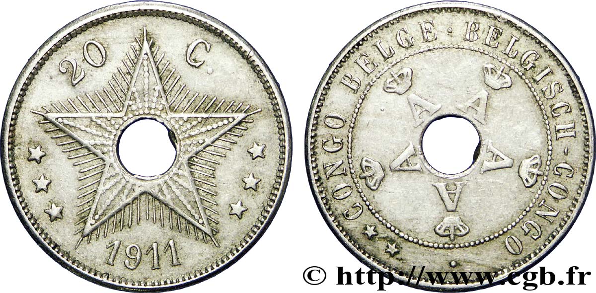 CONGO BELGE 20 Centimes monogrames du roi Albert 1911  TTB 