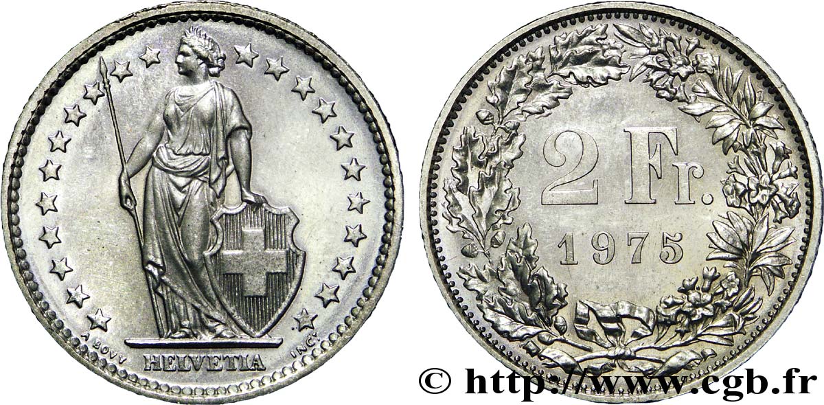 SUISSE 2 Francs Helvetia 1975 Berne - B SPL 
