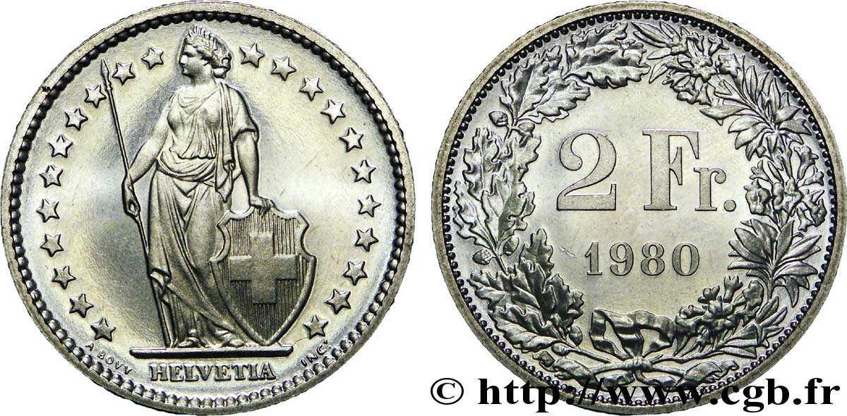 SUISSE 2 Francs Helvetia 1980 Berne - B SPL 