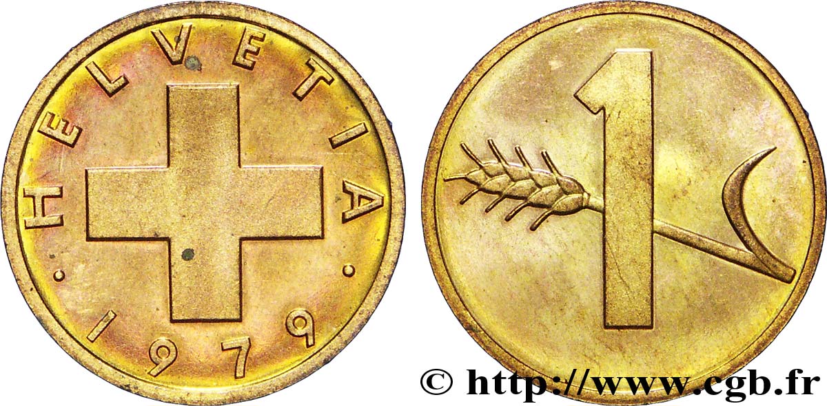 SUISSE 1 Centime Croix Suisse / épi d’avoine 1979 Berne - B SPL 