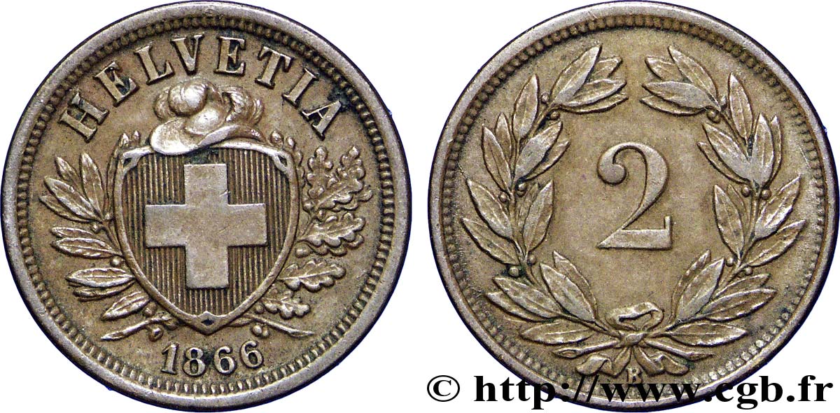 SUISSE 2 Centimes (Rappen) croix suisse 1866 Berne - B TTB 