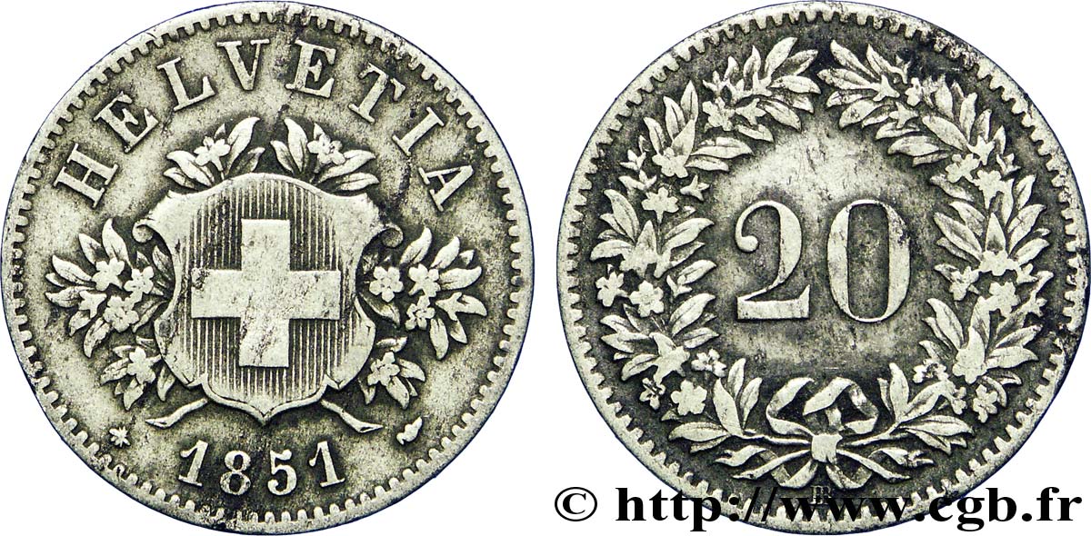 SUISSE 20 Centimes (Rappen) croix suisse 1851 Strasbourg - BB TTB 